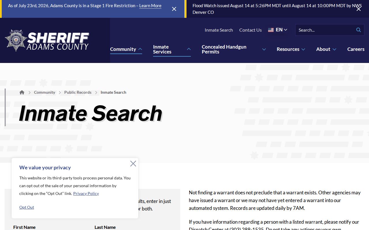 Adams County jail roster current custody search form