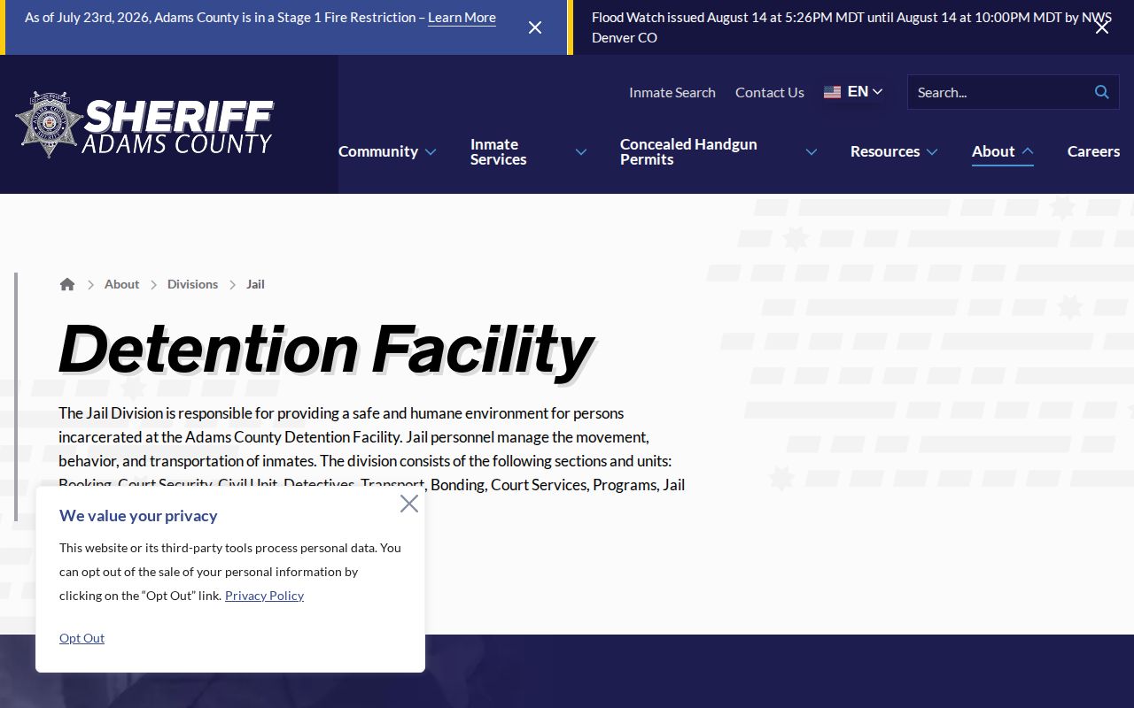 Adams County Detention Facility booking record overview