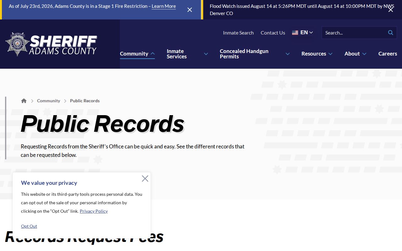 Adams County Sheriff's Office mugshot and booking record request page