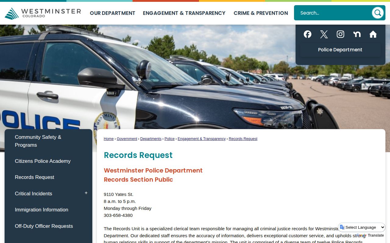 Westminster Police arrest records request page